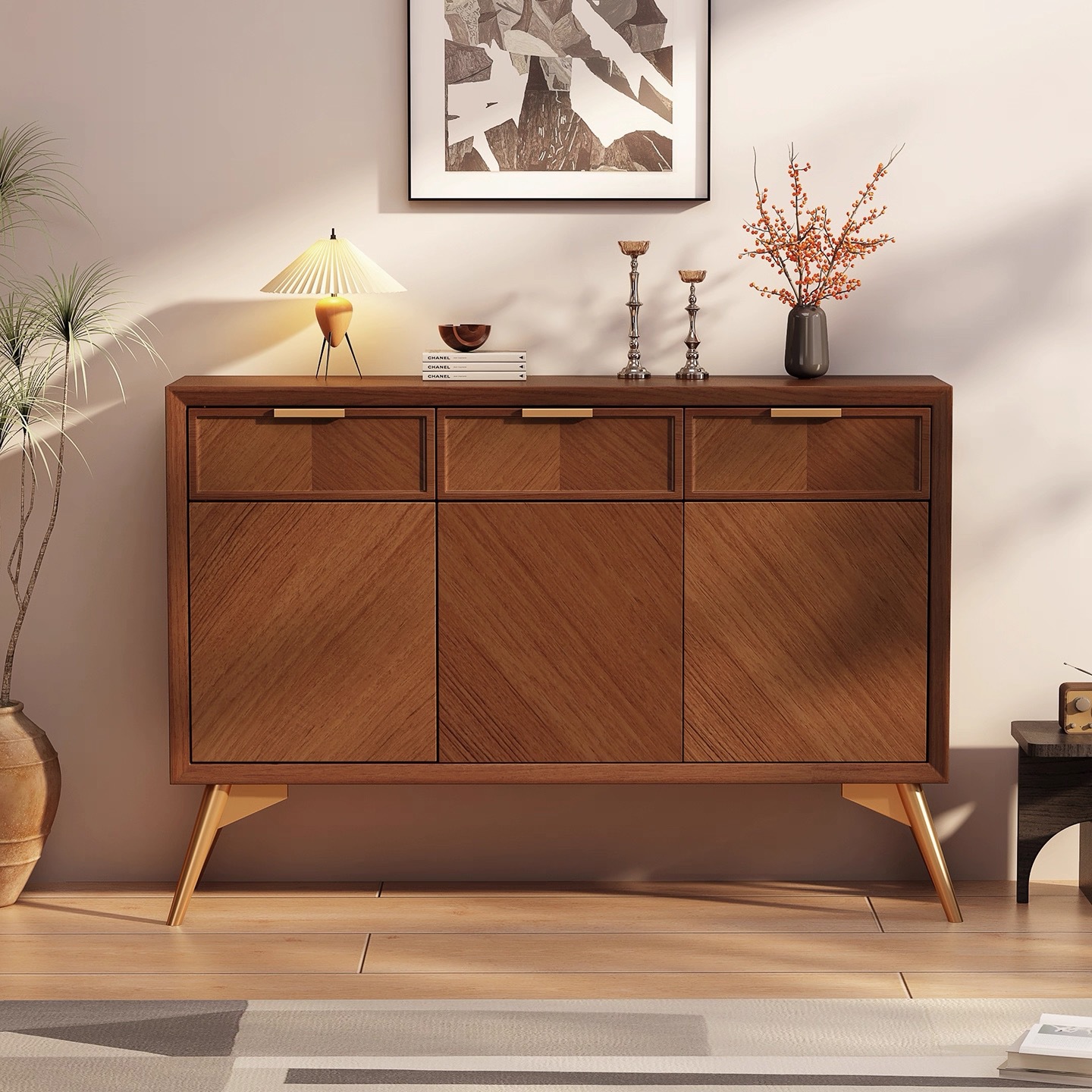 Medieval Style Solid Wood Sideboard Solid Wood Living Room Wall-Mounted Integrated Storage Cabinet Storage Cabinet Small Apartment Entrance Cabinet