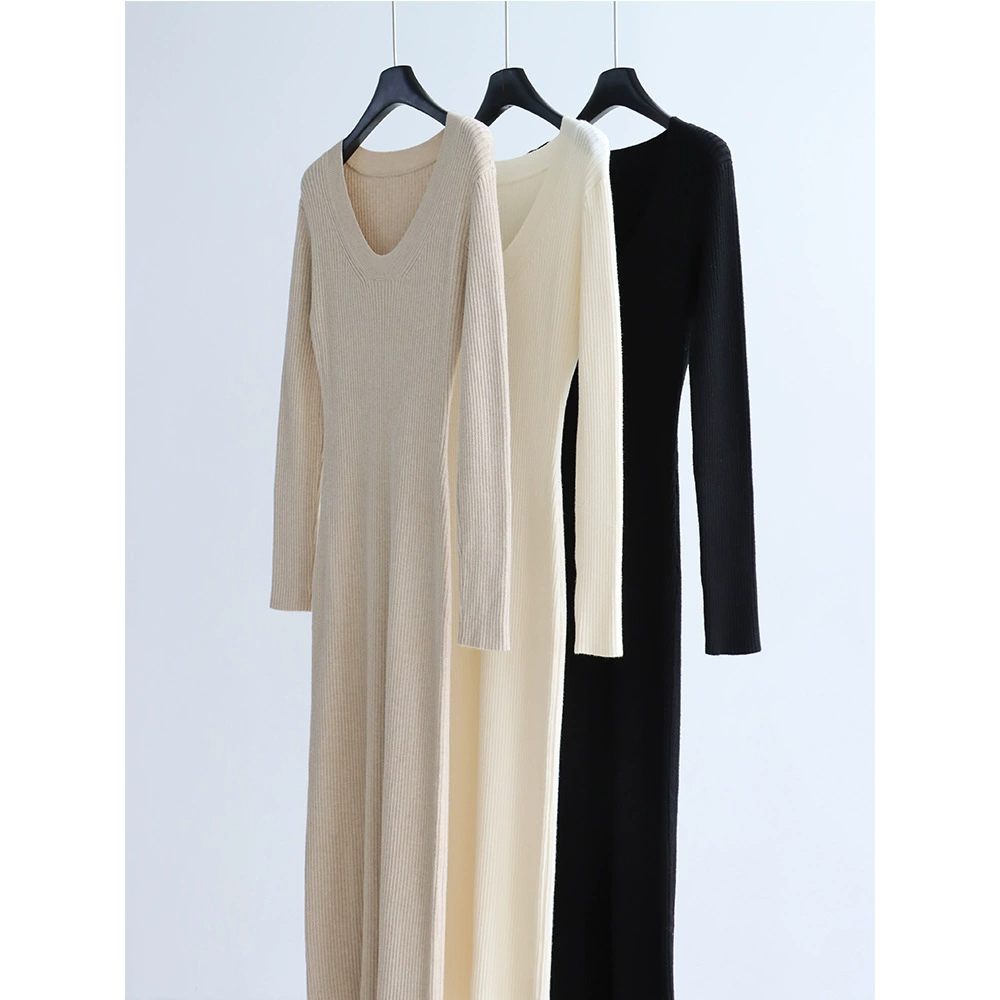 Модальное облегающее трикотажное платье с U-образным вырезом и длинными рукавами, осенне-зимняя юбка с утолщенным низом, универсальная и простая