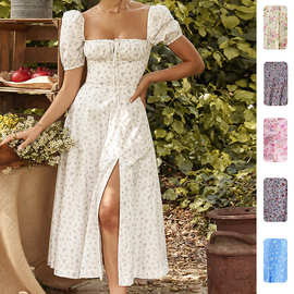 2026春季新款女装跨境欧美法式连衣裙子修身露背碎花开叉吊带裙