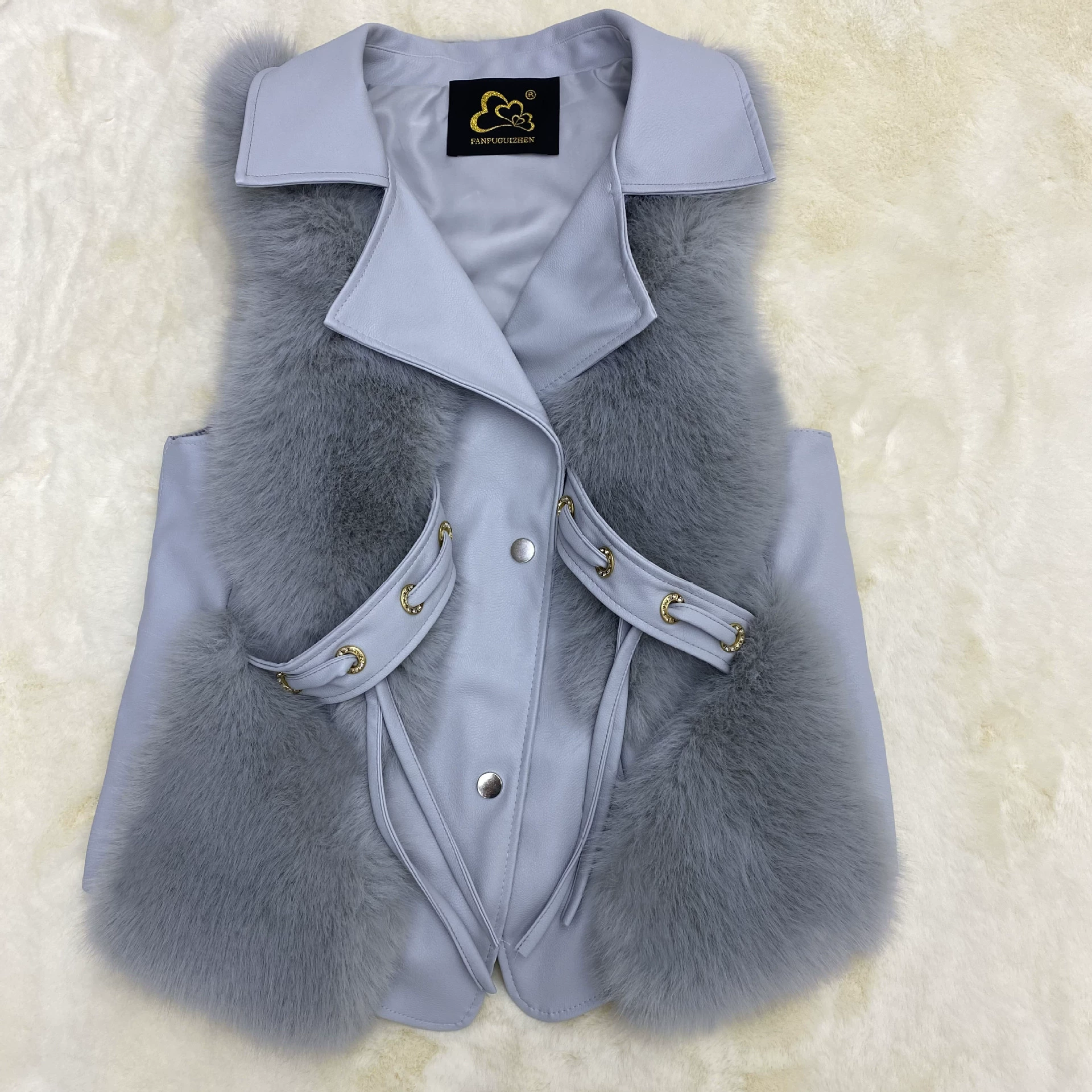 Женский жилет из лисьего меха Faux Fox Fur Vest Haining (женщины), casual тёплый жилет на осень–зиму с вставками