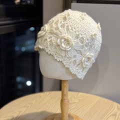 韩版甜美蕾丝镂空花朵包头帽女小众文艺时尚百搭手工钩花针织帽子