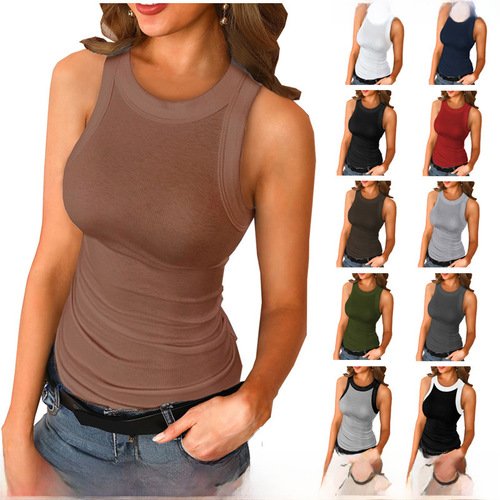 2024 Cross-border Spring/Summer New Arrival Amazon European and American Style Solid Color Printed Round Neck Vest Inner Wear Women's Top