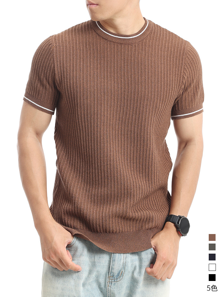 Old Qianfeng hombre camiseta de manga corta de punto hombre de verano alto sentido de cuello redondo Waffle textura hombre camiseta casual