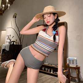 新款彩色条纹针织挂脖小吊带紧身无袖背心美式辣妹短款分体泳衣女