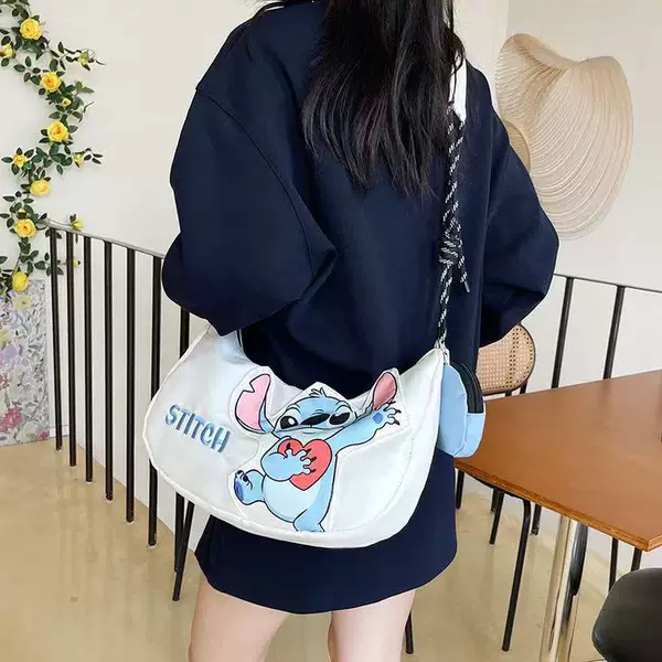 Cross-Border New Product Animation Peripheral Cartoon Stitch Printed Shoulder Nylon Crossbody Bag Women's Bag Dumpling Bag Lightweight and Simple