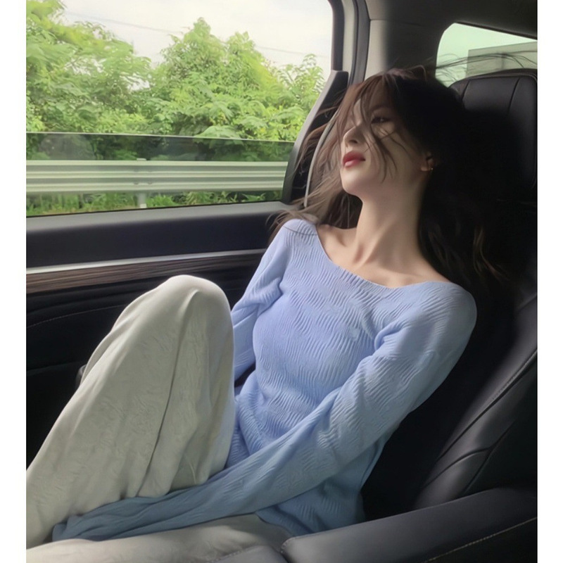 French Blue Long-sleeved T-shirt Women's Spring and Autumn Shoulder Knitted Base Shirt Cold Style Chic Top for Early Spring