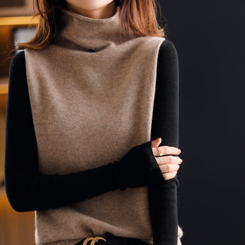 Cashmere suéter Chaleco de las mujeres otoño e invierno nuevo cuello alto botón sin mangas Top Loose adelgazamiento lana punto
