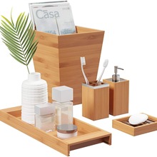跨境竹制浴室洗漱品配件5件套木托盤乳液分配器竹木肥皂盒牙刷架