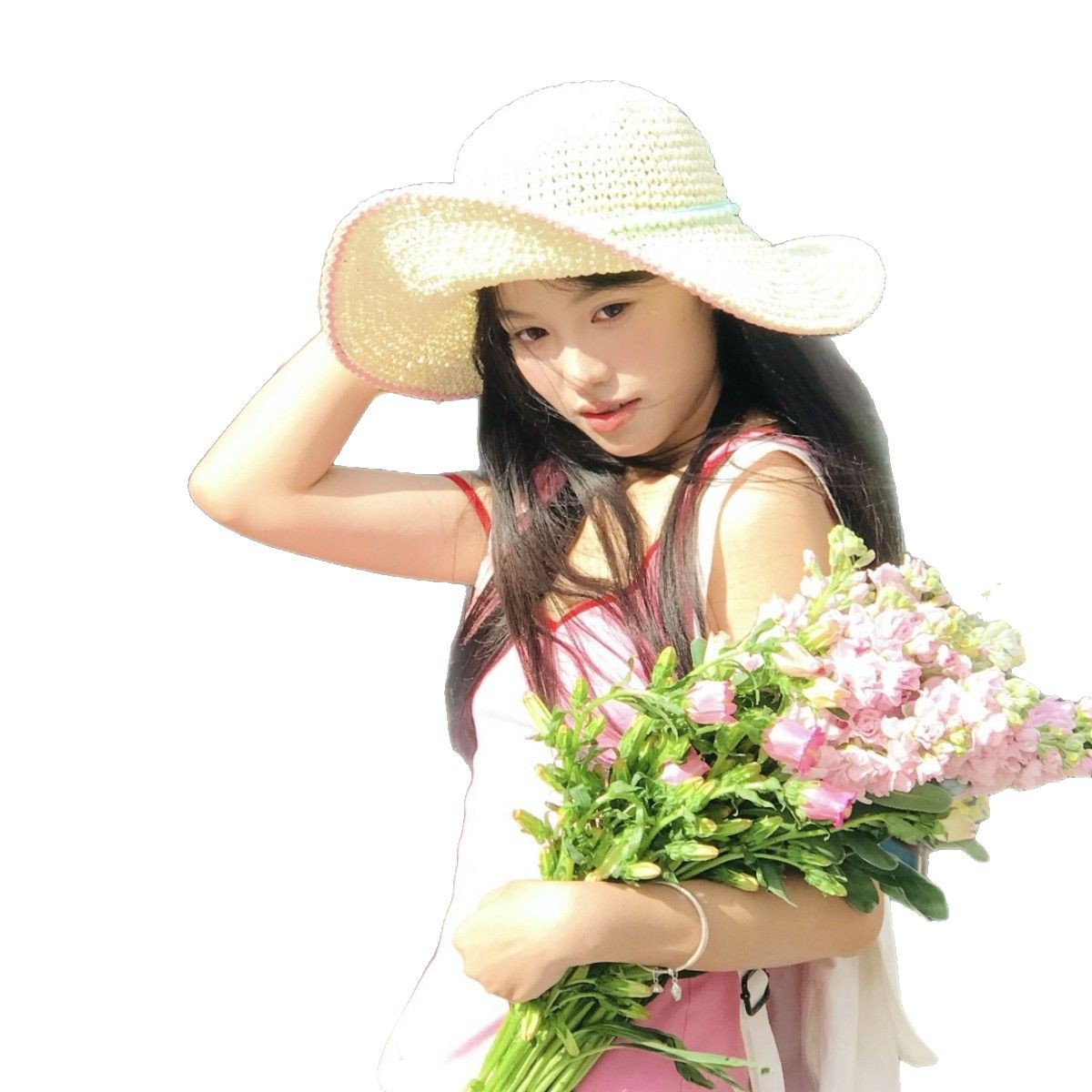 Sombrero de paja con ala grande, estilo pastoral para mujer, sombrero de pescador de paja dulce y versátil, la circunferencia de la cabeza grande muestra la cara, pequeño sombrero de protección solar