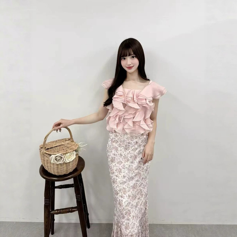 【Jia Yue】Japanese-Style Sweet Ruffled Square-Neck Sleeveless Chiffon Blouse with Fluttering Sleeves 26061