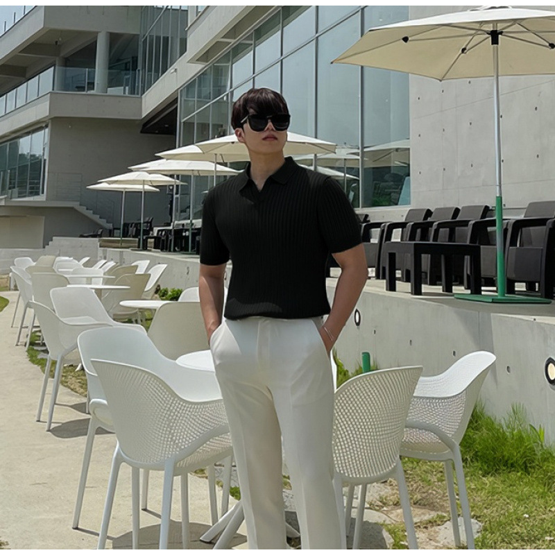 Polo de seda de hielo americano suéter delgado de manga corta con cuello apilado en forma de v para hombre camiseta de punto de manga ajustada fresca y transpirable