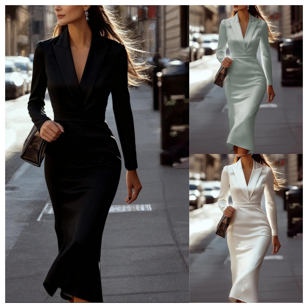 2025亚马逊外贸新款 秋季时尚显瘦气质百搭长款V领修身连衣裙女