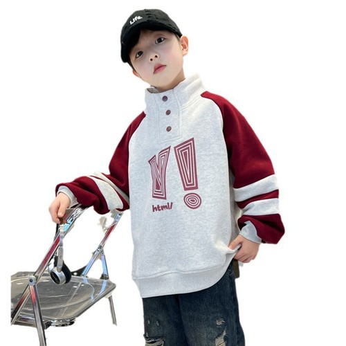 Boys' Han Style Loose Letter Fleece Sweatshirt for Older Children - Autumn/Winter Trendy Half-Neck Sweatshirt