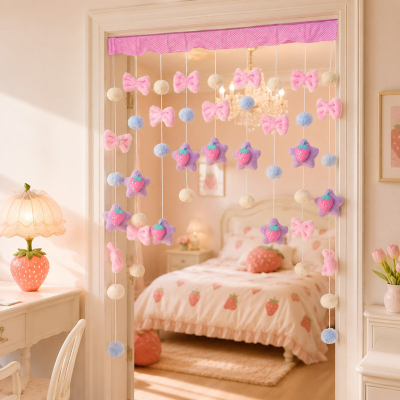 Strawberry-themed plush bow and star heart door curtain, no-drill hanging style with pom-pom and bead decorations Strawberry-themed plush bow and star heart door curtain, no-drill hanging style with pom-pom and bead decorations