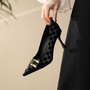 French High Heels Women's 2023 Spring and Autumn New Metal Chain Niche All-Match Shallow Stiletto Heel Pointed Single-Layer Shoes for Women