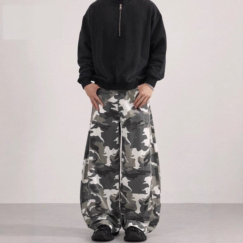 American Retro Tactical Gray Camouflage Jeans for Men, Autumn and Winter New Design, Niche Hip-Hop Slimming Wide-Leg Pants