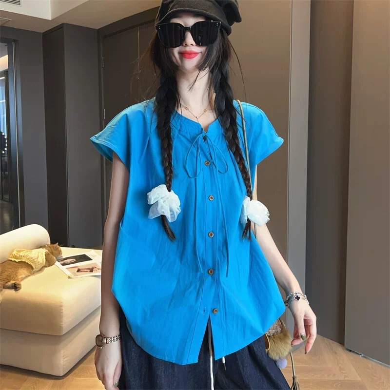 Simple Slimming Short-Sleeved Shirt for Women Summer 2025 New Loose Casual Designer Shirt Top
