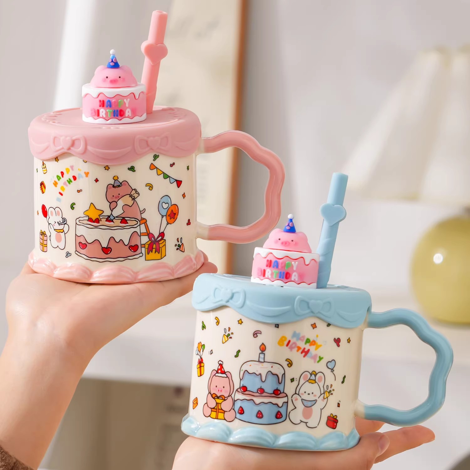 Tazas de cerámica creativas con cubierta copas de café copas de agua de oficina en el hogar copas de regalo de cumpleaños niñas