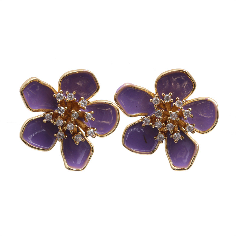 Creativo nuevo cobre gota aceite diamante flor pendientes simple moda oído joyería pendientes