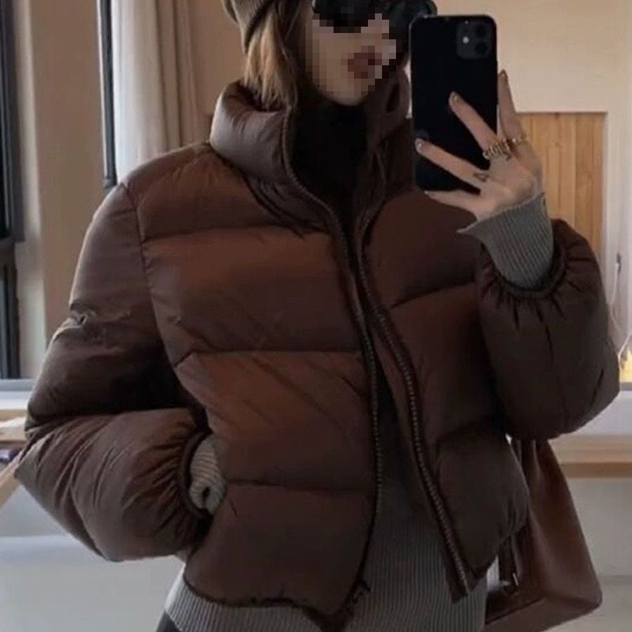 Women's Coffee Brown Puffer Down Coat Stand Collar Short Fit_voghion.com
