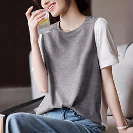 圆领短袖衬衫女式夏季撞色拼接设计休闲宽松显瘦半袖T恤