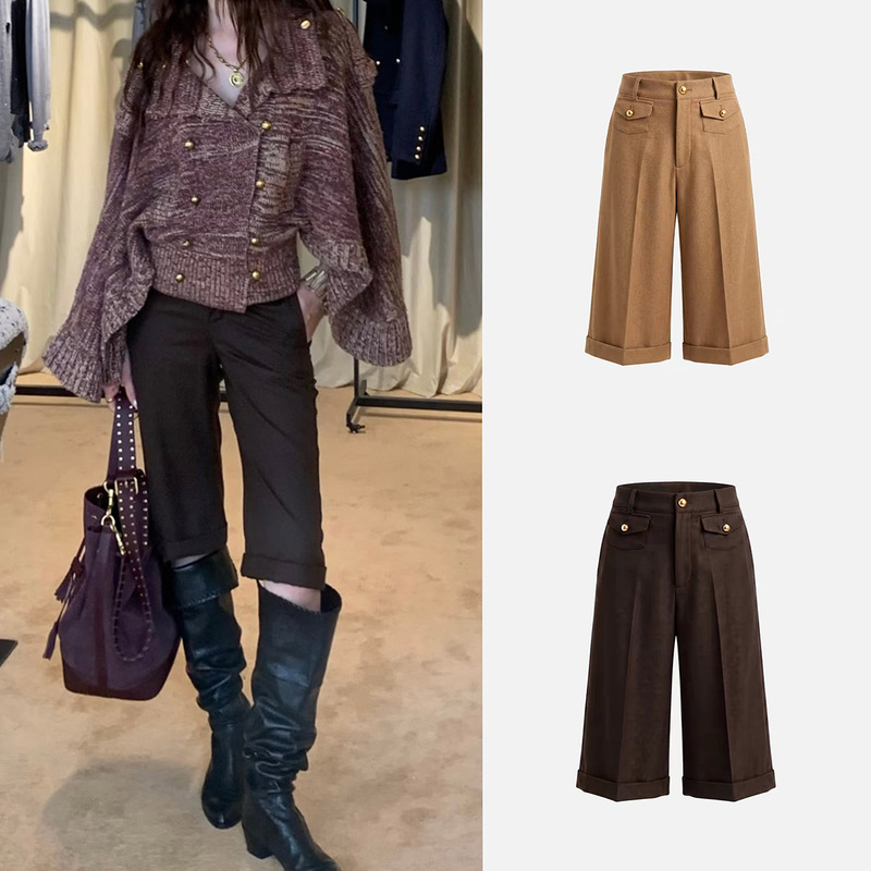 High-end custom-made 26 autumn new wool straight wide-leg pants, loose cycling mid-length pants, fashionable and versatile five-point pants