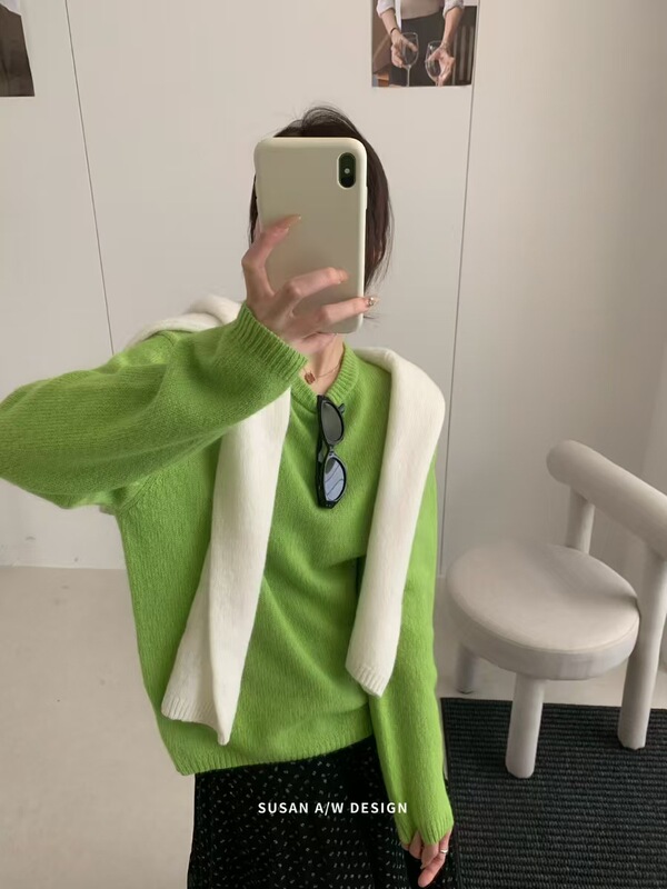苏珊 秋冬款简约2025羊毛圆领套头毛衣女宽松慵懒针织打底衫8005|undefined