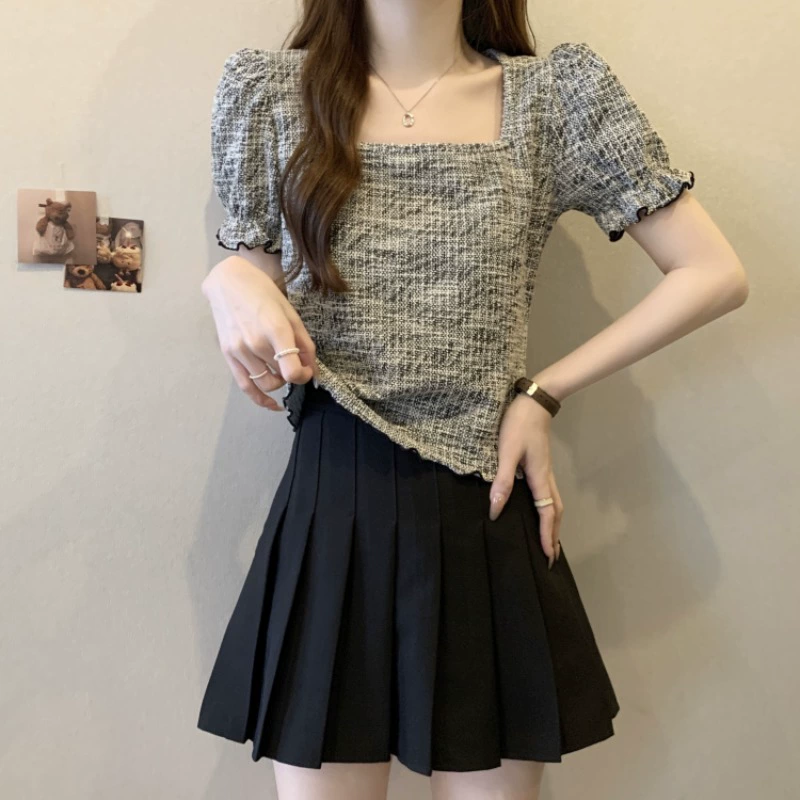 Твидовая футболка с короткими рукавами и квадратным вырезом для женщин, летняя модная и красивая рубашка большого размера с волнистым краем, топ