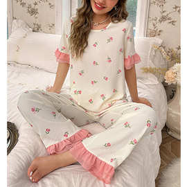 欧美风圆领花色睡衣女套装春夏新款高级感甜美荷叶边家居服两件套