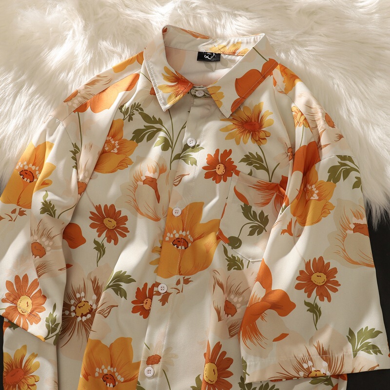 Flower Summer Printed Shirt Loose Couple Short Sleeve Hawaiian Sunscreen T-Shirt Southeast Asian Style