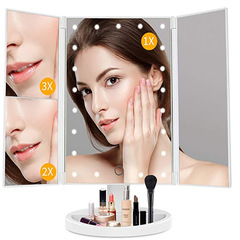 Tabletop LED three-side folding mirror, rotatable three-fold mirror, magnifying makeup mirror, beauty makeup mirror LED mirror
