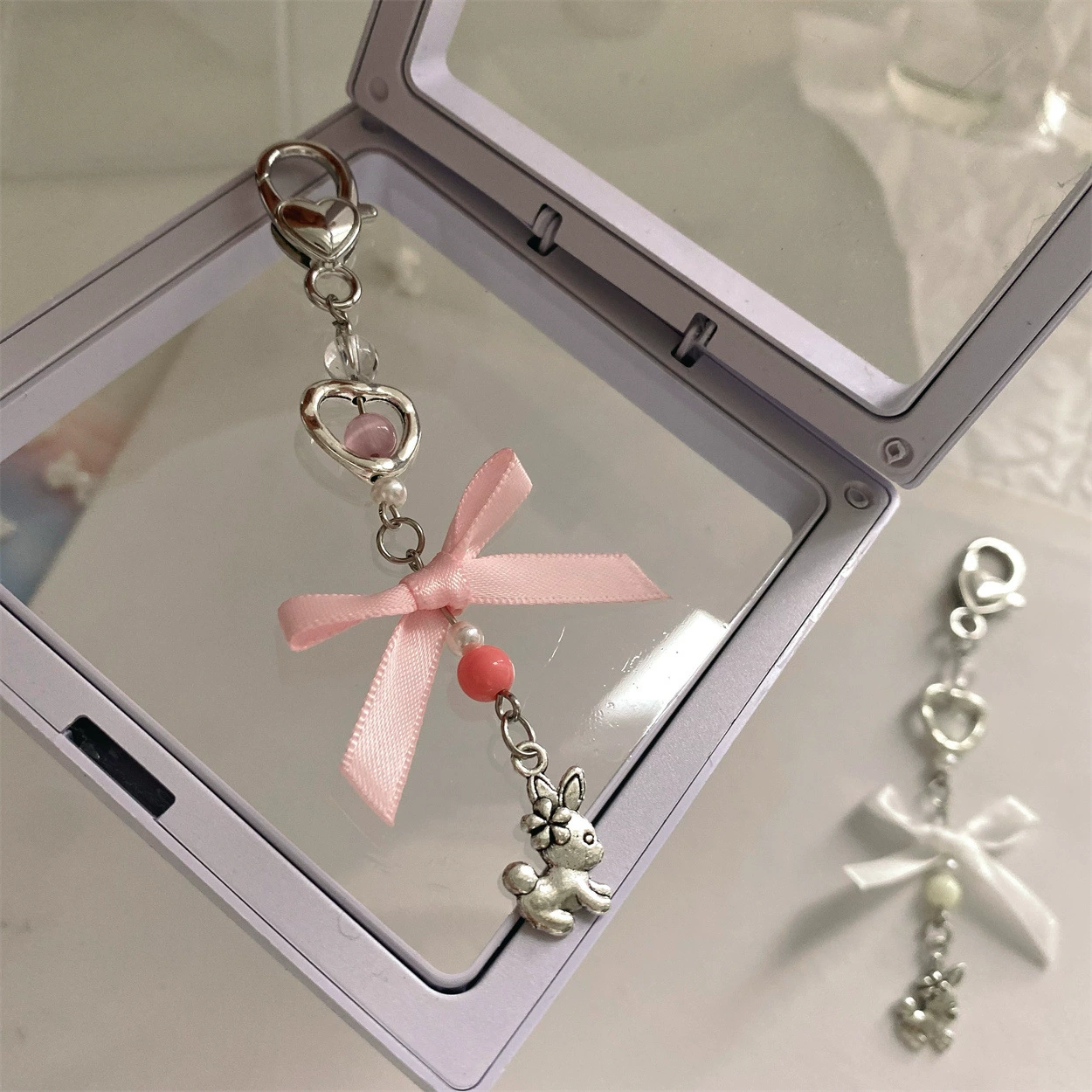 Rabbit with bow, mobile phone, bag, cute keychain, beaded bracelet handmade, brand pendant