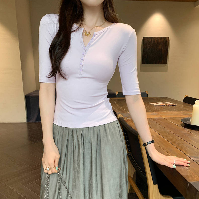 独特漂亮半排扣正肩中袖T恤女夏2025新款修身显瘦绝美五分袖上衣|undefined
