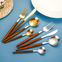 不锈钢夹木餐具刀叉勺套装韩国ins风仿木柄刀叉勺子西餐叉勺跨境