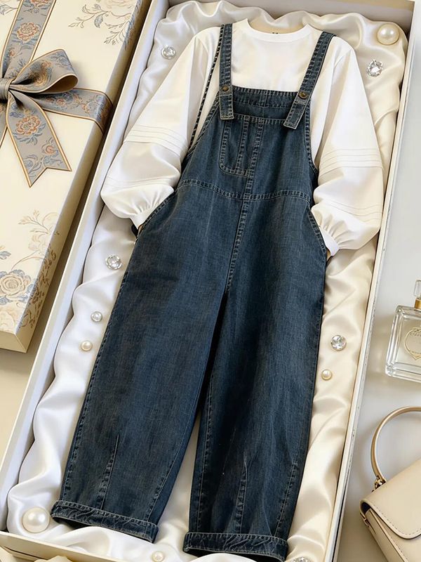 Age-Reducing Fashion White Puff-Sleeve Shirt for Petite Women, Retro Denim Overalls Two-Piece Set