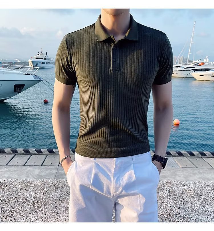 Camicia in polp intrecciato a righe estive 2023 T-shirt in seta di ghiaccio Versatile tinta unita comoda manica corta - stampabile Tiktok_voghion.com