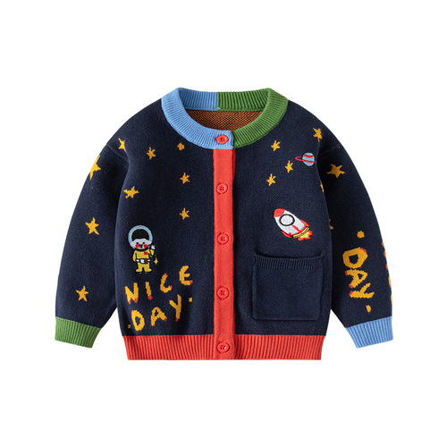 Sesame Seed Bottom Star Astronaut Children's Cardigan Pure Cotton Category A Knitted Sweater Spring and Autumn Children's Cardigan