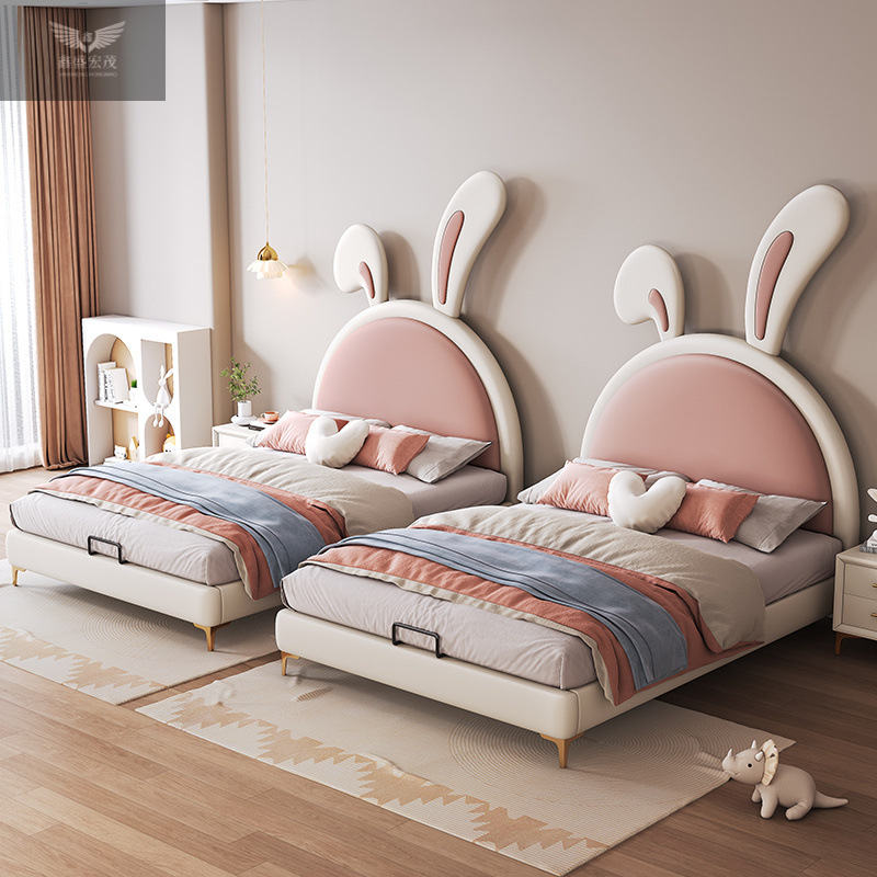 Cama de cuero de conejo de dibujos animados moderna y ligera Cama de niños Cama de princesa Cama de 1.2m Cama de almacenamiento