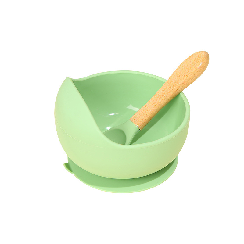 Transfronterizo en stock suplemento de alimentos para bebés tazón antideslizante resistente a la caída traje de vajilla para niños mango de madera cuchara lechón tazón de silicona