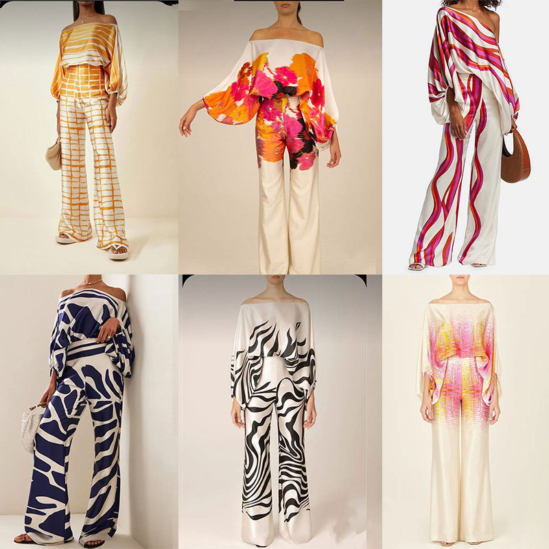 Spring New Style Women's Fashion Suit Printed Round Neck Bat Sleeve Top With Wide Leg Pants Loose Waist Design_voghion.com