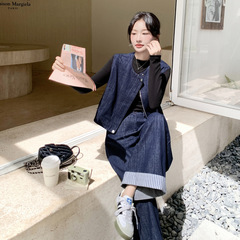 老钱风穿搭休闲牛仔马甲时尚套装女早秋2025新款显瘦阔腿裤两件套