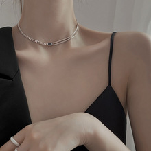 s925纯银项链女小众设计高级感锁骨链轻奢黑方块夏颈链choker饰品