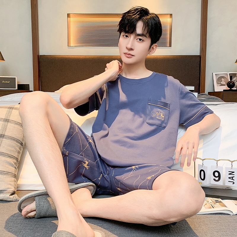 Pijamas de algodón de los hombres de manga corta de verano lindo de dibujos animados hombres jóvenes sueltos 2024 Nuevo traje de homewear de talla grande