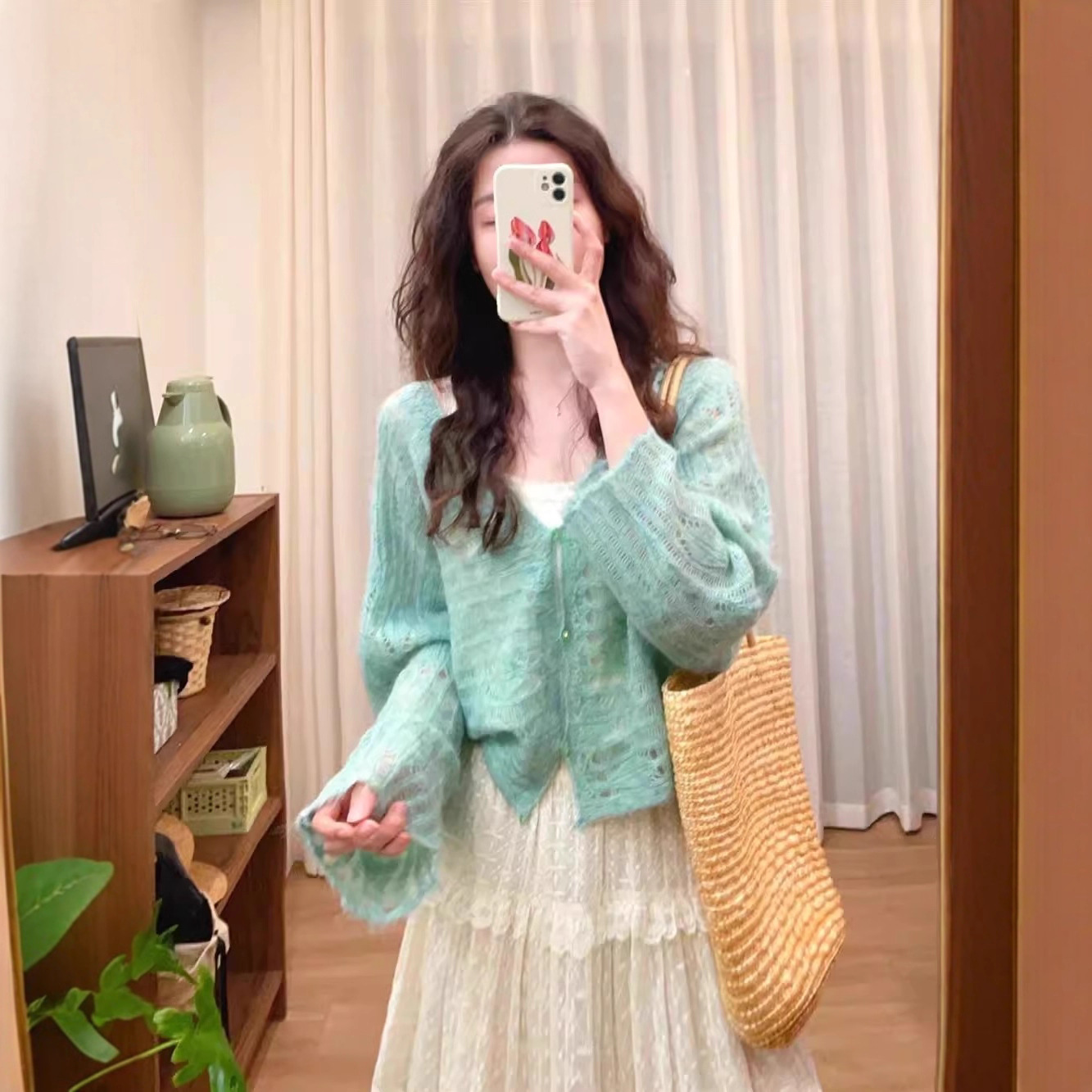 薄荷曼波绿色马海毛镂空针织开衫女春夏宽松外搭毛衣披肩罩衫外套