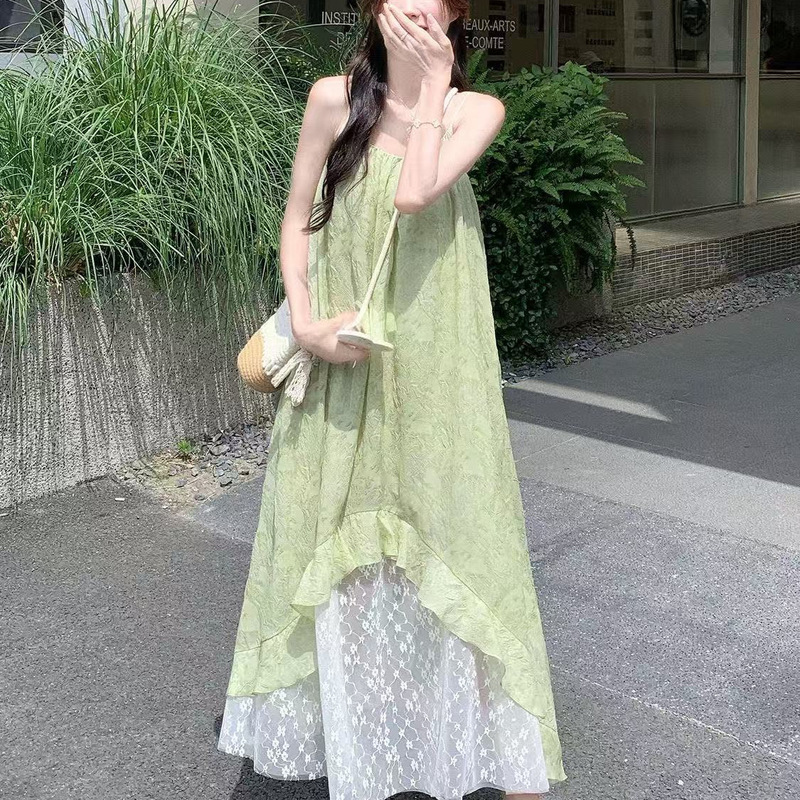 法式2025印花夏季拼接新款海边吊带度假气质不规则连衣裙裙子|undefined
