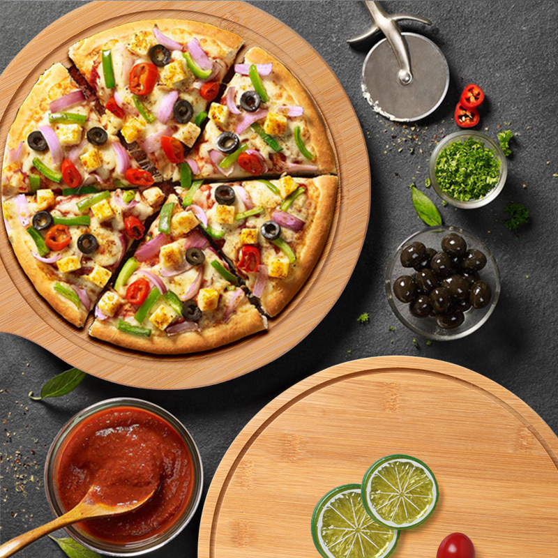Solid Wood Pizza Wooden Tray with Handle Household Bamboo Sushi Snack Cake Western Food Wooden Tray Cross-Border New Product