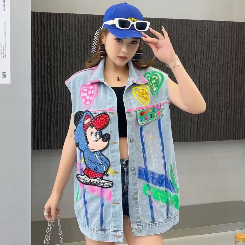 Marca de moda tailandesa 2024 primavera nueva industria pesada diamante clip de diseño esquinilla sensación de chaqueta de vaqueros sin mangas chaleco de mujer