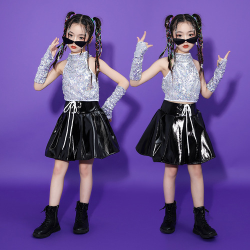 Girls kids silver sequins rapper singers jazz dance costumes children go go dancers dance clothes for girls catwalk models runway fashion performance outfits