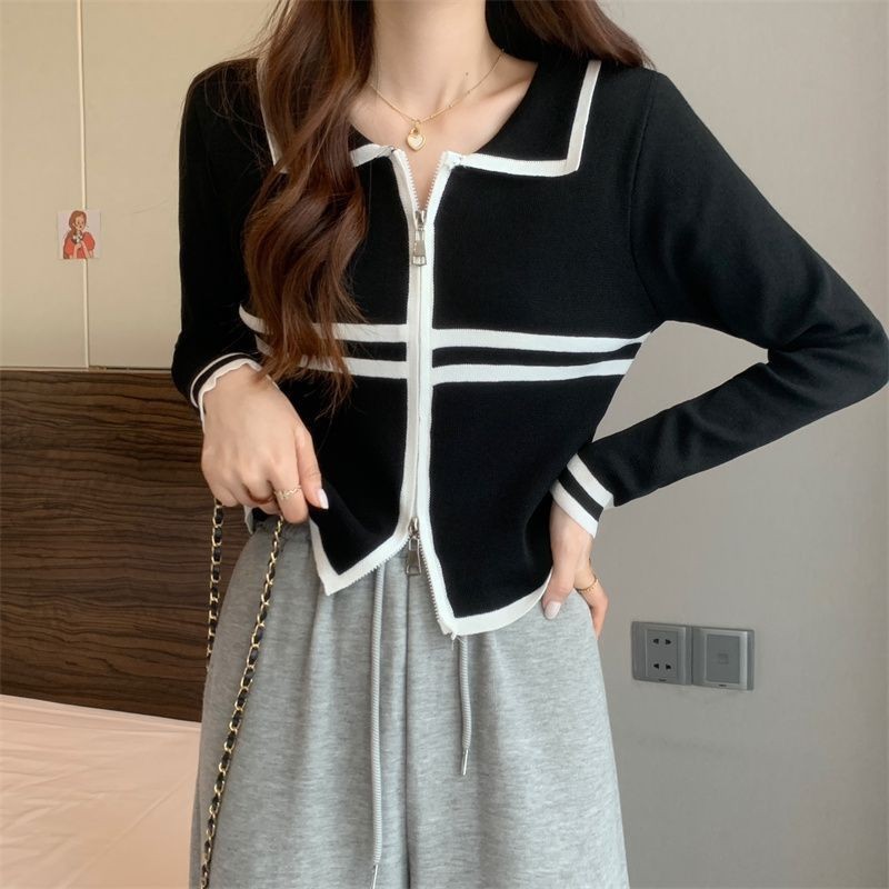 Hong Kong style retro chic versatile short zippered cardigan top for women's autumn new color matching striped polo shirt