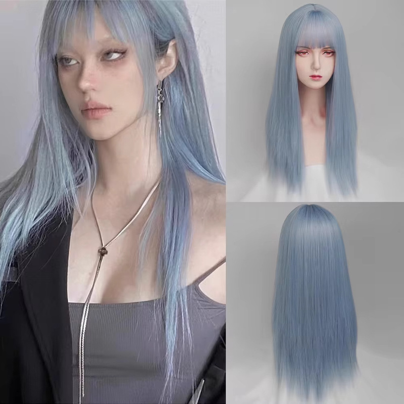 Long Straight light blue Wig with Bangs Synthetic Women Natural Lolita Cosplay Wig for Everyday
